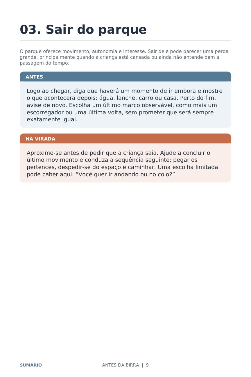 Página real do manual sobre sair do parque